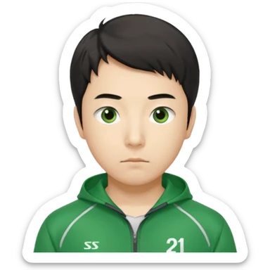 Illustrate Cho Sang-woo (Player 218) in green tracksuit with sharp, calculating gaze. sticker