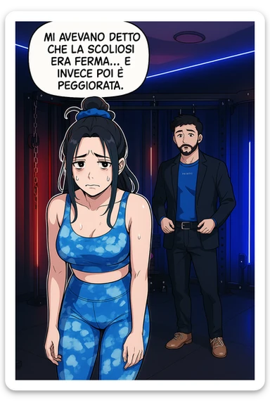 fai questa immagine in versione fumetto/manga/webtoon a colori, il manga mostra la donna disperata con un fumetto sulla testa che dice:
Mi avevano detto che la scoliosi era ferma… e invece poi è peggiorata.
 sticker