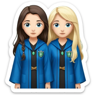 a pretty ravenclaw girl with long dark brown hair and blue eyes standing with a pretty Slytherin girl with long blonde hair, blue eyes sticker