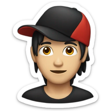 A person with black hair, a red hat, a black shirt, and a skull  sticker