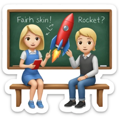 Girl is teaching a guy how to make rocket emojis. Girl at blackboard, guy on bench learning. sticker