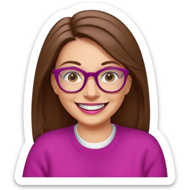 50 yr Caucasian woman, long brown hair parted on side, brown eyes, glasses, big smile, white teeth, fuscia sweater sticker