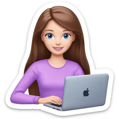 beautiful barbie girl with long brown hair, blue eyes and wearing light purple clothes playing computer games sticker