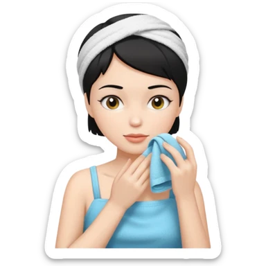 a white woman who has black short hair cleaning her face sticker