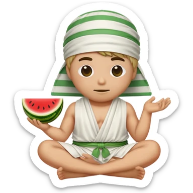 Emoji sitting cris cross wearing a white toga, the emoji is blindfolded with a white and green striped tie, and they have a watermelon for a hat.  sticker