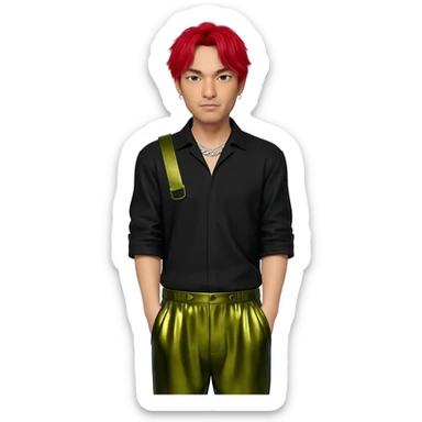 Mike Shinoda with red hair, black shirt, olive metallic baggy pants, silver necklace sticker