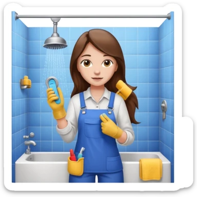 beautiful girl with long brown hair constructing new bathroom area with new shower and amenities  sticker