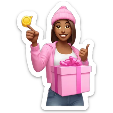 influencer promoting a pink gift box in her arms and thumb up sticker
