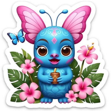Pixar style little Blue and pink tiki singing with a butterfly and tropical flowers, ultra detailed and lifelike imagery, realistic sticker