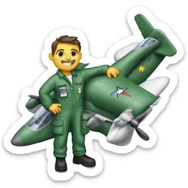 Air Force mechanic wearing green coveralls name tag reads AOG holding a wrench fixing an airplane sticker