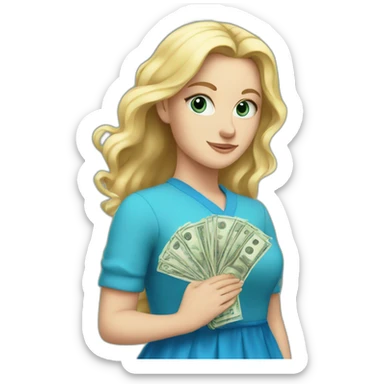 white girl in a blue dress holding the money sticker