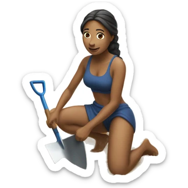 woman kneeling in sand with a shovel in hand sticker