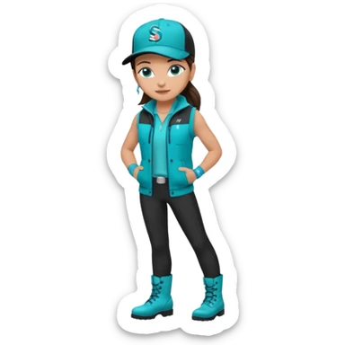 A landscaper in a beautiful turquoise jacket and turquoise boots, black pants, and a black sleeveless shirt. On his head is a black Swissotel baseball cap. The girl is a brunette with blue eyes. sticker