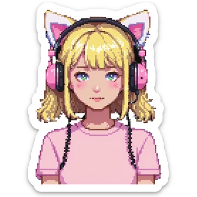 sassy blond girl with short bangs and pink kitty-ear headset sticker