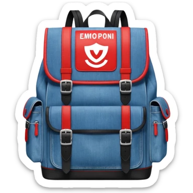 a blue denim backpack with a flap top, two vertical black buckle straps on the front. The backpack has two side pockets and a soft square shape. at front pocket bottom side, red and white two divided logo 

 sticker