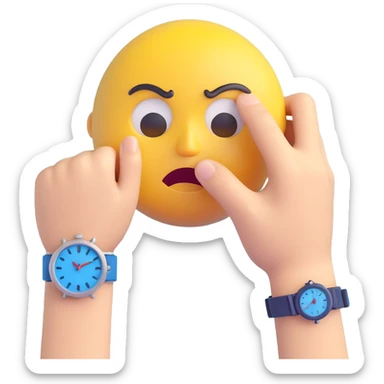 A yellow emoji face with a worried expression, looking at a wristwatch with raised eyebrows, showing urgency and stress sticker