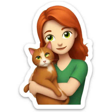 a brown-haired woman hugs a red-haired cat with green eyes sticker