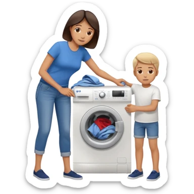 Mother and boy putting clothes in the washing machine sticker