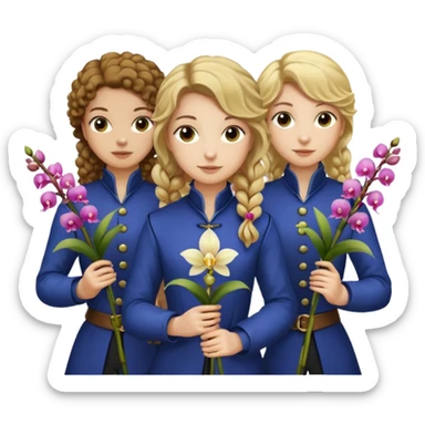 3 female musketeers, one with brown curly hair, one with straight blond hair, one with blond hair in pony tail, all holding orchids sticker