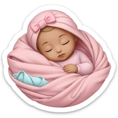 Sleeping baby wrapped in a light pink blanket with a white bow on top of the blanket sticker