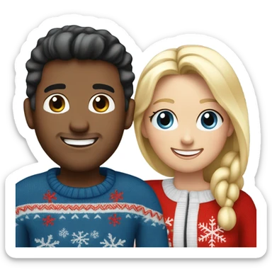 Happy white black hair guy with red christmas jumper and blue jeans , and happy blonde woman with white christmas jumper blue jean sticker