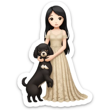 Pastel anime lady long hair with long lace dress full body holding puppy sticker
