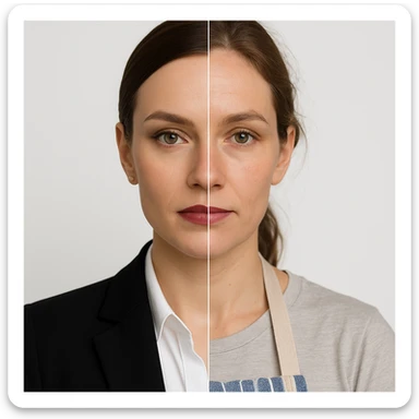 hyper realistic, symmetrical split-image of a woman, one side with business makeup and attire, other side natural, kitchen apron, white background, strong visual contrast sticker