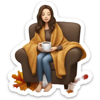 Brunette white girl covered in blanket autumn vibe sitting on a cozy chair holding coffee eyes closed sticker