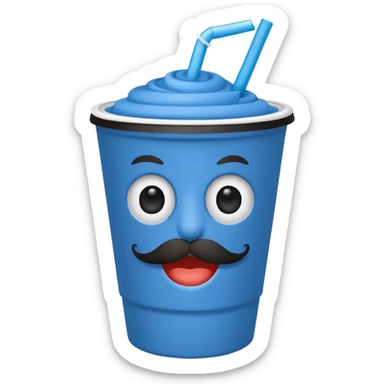 paper blue cup and white straw, the cup has eyes and mouth and mustache sticker
