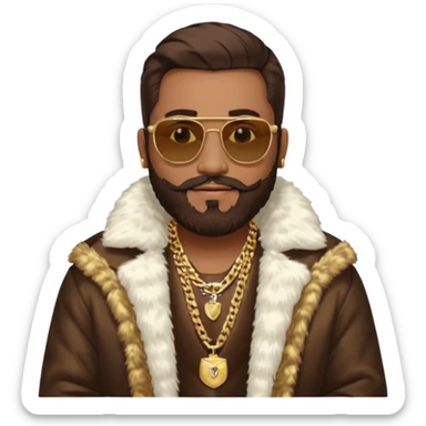 émoji homme barbu, cheveux bruns plaqués collés au crane avec raie au milieu, grosses lunettes de soleil rectangulaires à grosse branches, gros bijoux en or (chaine, montre,) manteau de fourrure très fluffy sur les épaules sourire en coin, boucles d'oreilles sticker