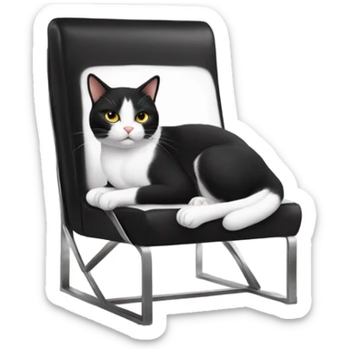 cute black and white cat laying on a modern black leather boxy chair with metal sticker
