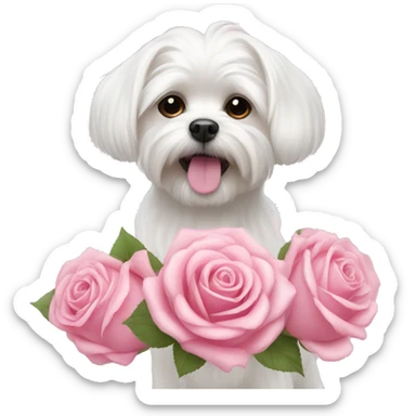  white maltese dog and pink roses  sticker