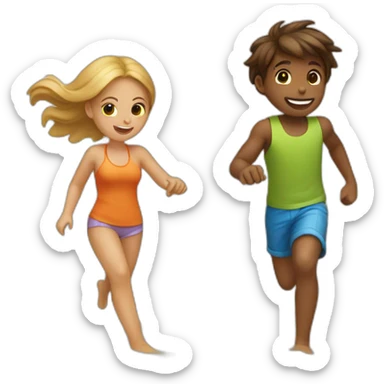 girl & boy playing tag on the beach sticker