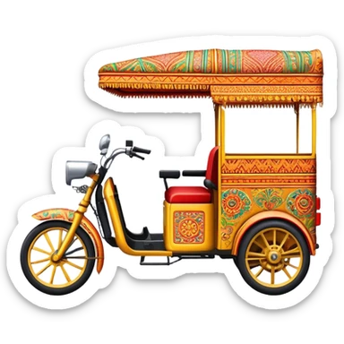 Cinematic Realistic Indian Auto Rickshaw Emoji, depicted as a colorful, bustling auto rickshaw with intricate designs and vibrant hues, rendered with lively textures and dynamic urban lighting that captures its quintessential presence in Indian cities. sticker