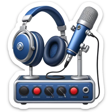 Create a sleek and professional emoji that represents voice acting and dubbing equipment. The design should feature a high-quality microphone, a sound mixer or audio interface, and headphones to symbolize the recording and technical process. Include elements like a soundproof booth or audio cables to reflect the studio environment. Use a modern, clean design with colors like silver, black, and dark blue to represent the professional side of voice acting. The background should be transparent. sticker