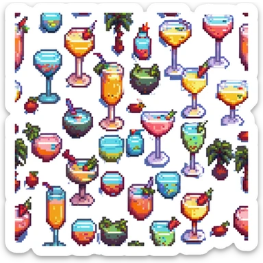 Sex on the beach cocktail, vibrant colors, 8-bit style, retro gaming aesthetic sticker