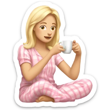 Blonde woman in pyjamas drinking tea scrolling on her phone sticker