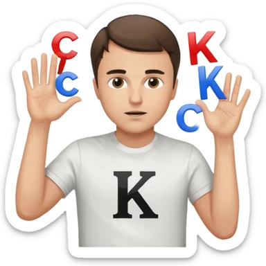 Charlie Kirk with a Charlie Chaplin mustache with a white freedom shirt while throwing up the letters c and k sticker