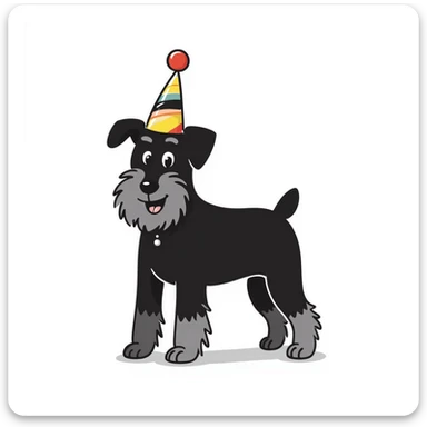 A schnauzer dog wearing a colorful birthday hat sticker