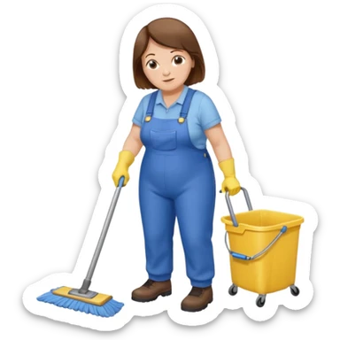 old and fat women, brown hair, Custodian with yellow rubber gloves, white T-shirt, blue overalls, mopping floor sticker