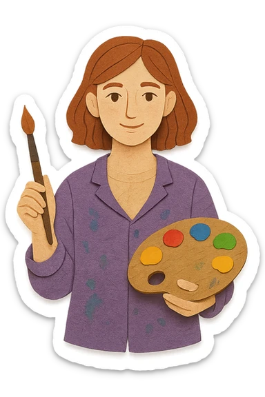 Serene female oil painter, Caucasian features, shoulder-length auburn hair, soft brown eyes, gentle smile, wearing a violet painter’s smock lightly stained with paint over a beige blouse, holding a wooden palette with vibrant colors in one hand and a brush in the other, waist-up, front-facing sticker
