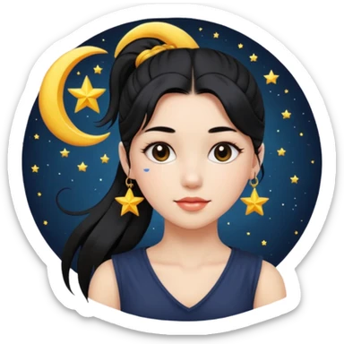 girl with black ponytail, sun, moon, star sticker