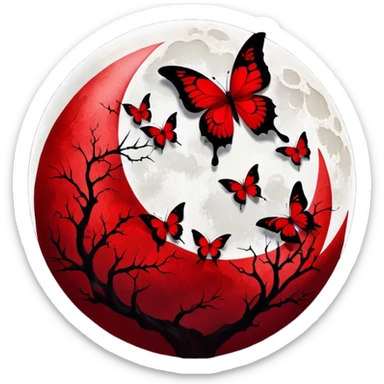 red Blood red moon, crimson butterflies with cracked porcelain red wings in gothic style sticker