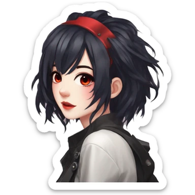 Gorgeous anime style lady with blushing face aesthetic and pretty edgy black red punk hair with hair garment trending style sticker