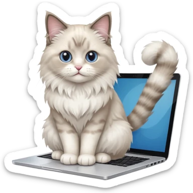 Cute ragdoll cat on a laptop. Should sit on top of the laptop, cat is way bigger than the laptop. Could walk on the laptop or sit. I liked the first one but remove the blue on the cat, Please make the brown parts light grey sticker