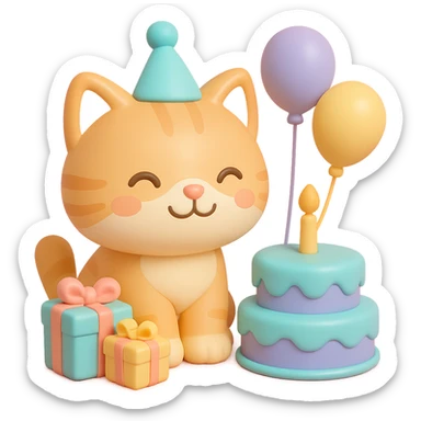 ginger tabby kitten sitting next to a stack of gifts, wearing a party hat, birthday cake and balloons around, cheerful sticker