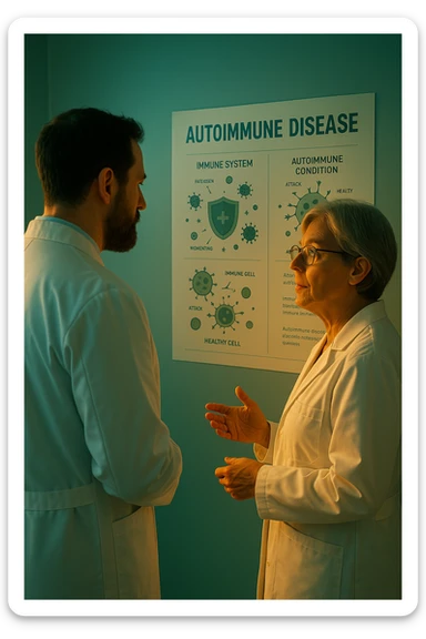 Realistic, detailed photo taken from behind of two doctors—a bearded man and a middle-aged woman—standing and facing each other as they discuss an autoimmune disease diagnosis in front of a medical chart that displays information about the immune system and autoimmune conditions. The scene is illuminated by a yellowish, orange, warm light that softly envelops the doctors. The entire room is bathed in a single green-blue color, creating a cohesive and modern atmosphere. Both doctors wear white coats, and their body language suggests a serious, professional conversation about the complexities of autoimmune diseases. Shot with a Canon EOS R5, with high detail and natural depth of field. sticker