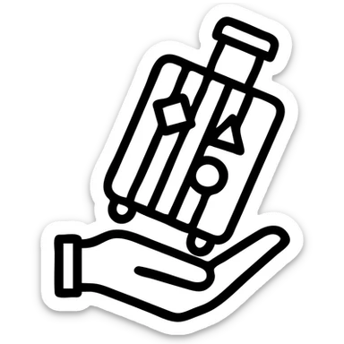 ribbed rolling suitcase with handle, covered in travel stickers, held in a hand or standing at an angle, bold outlines, graphic sharp shadows and highlights, no smooth blending sticker