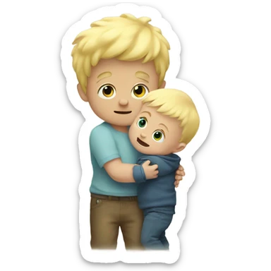 Little blonde baby boy holding the hand of a giant monster sticker