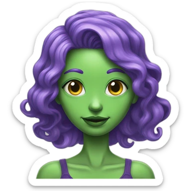 An alien girl with green skin and purple hair waves her hand sticker